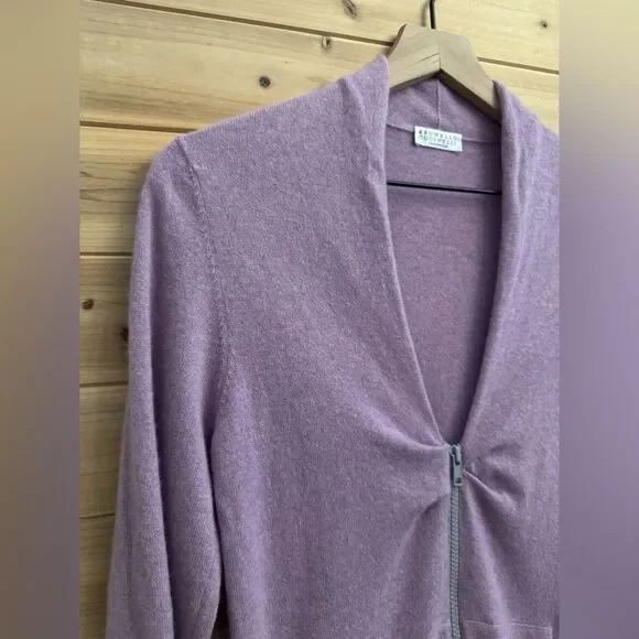 Brunello Cucinelli Size Medium Pink Purple Double Zipper Ruched Cashmere Sweater - Picture 4 of 14